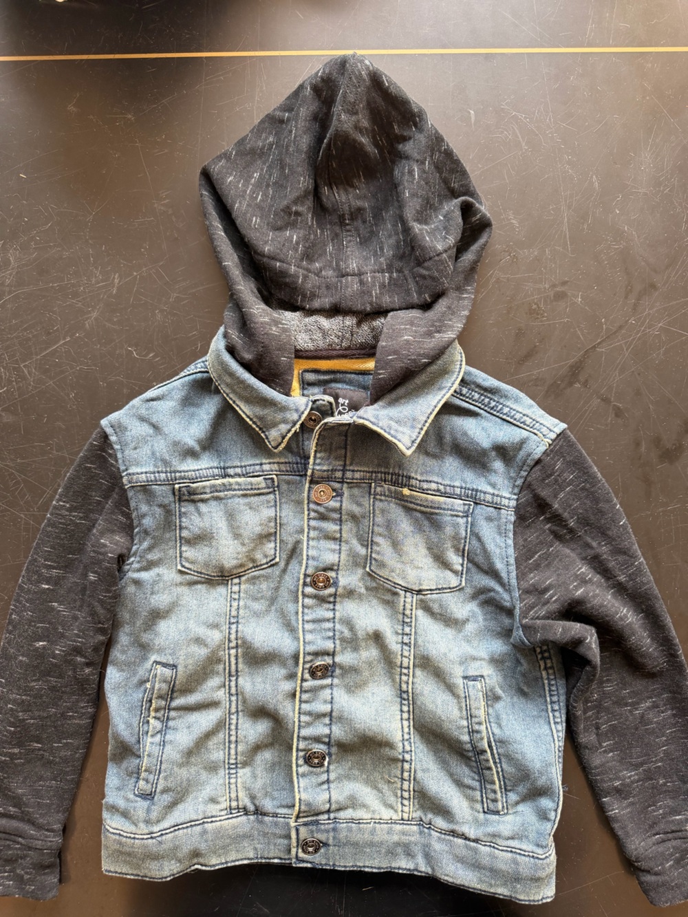 Art Class Two-Tone Denim Jacket with Knit Hood & Sleeves- Light Blue & Charcoal